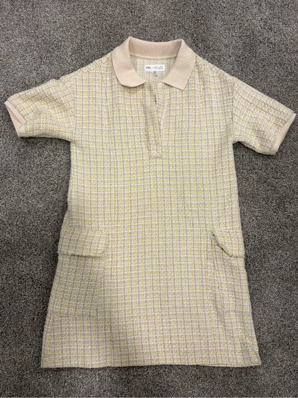 Zara Pale Yellow Plaid Tweed Polo Mini Dress